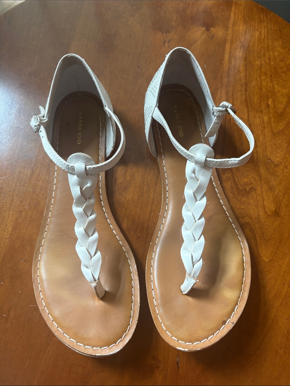 Lands' End White Braided T-Strap Sandals